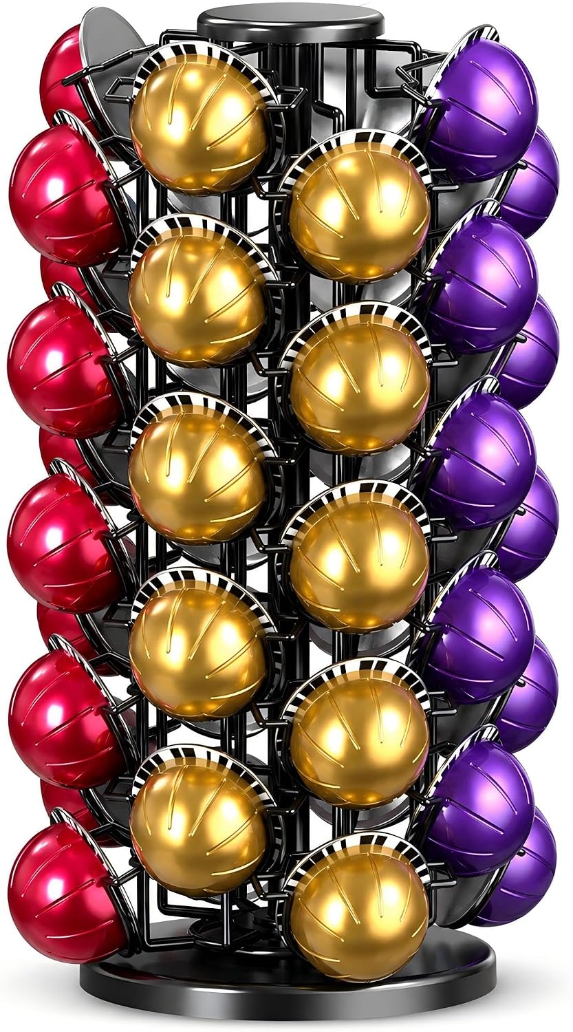 BLACKSMITH FAMILY Coffee Pods Holder Organizer, 360 Degrees Revolving Pod Carousel Compatible for 40 Nespresso Vertuo Pods No Assembly Required Nespresso Pods Holder Tower Stand,Black (Piano Black, 40 pods capability)