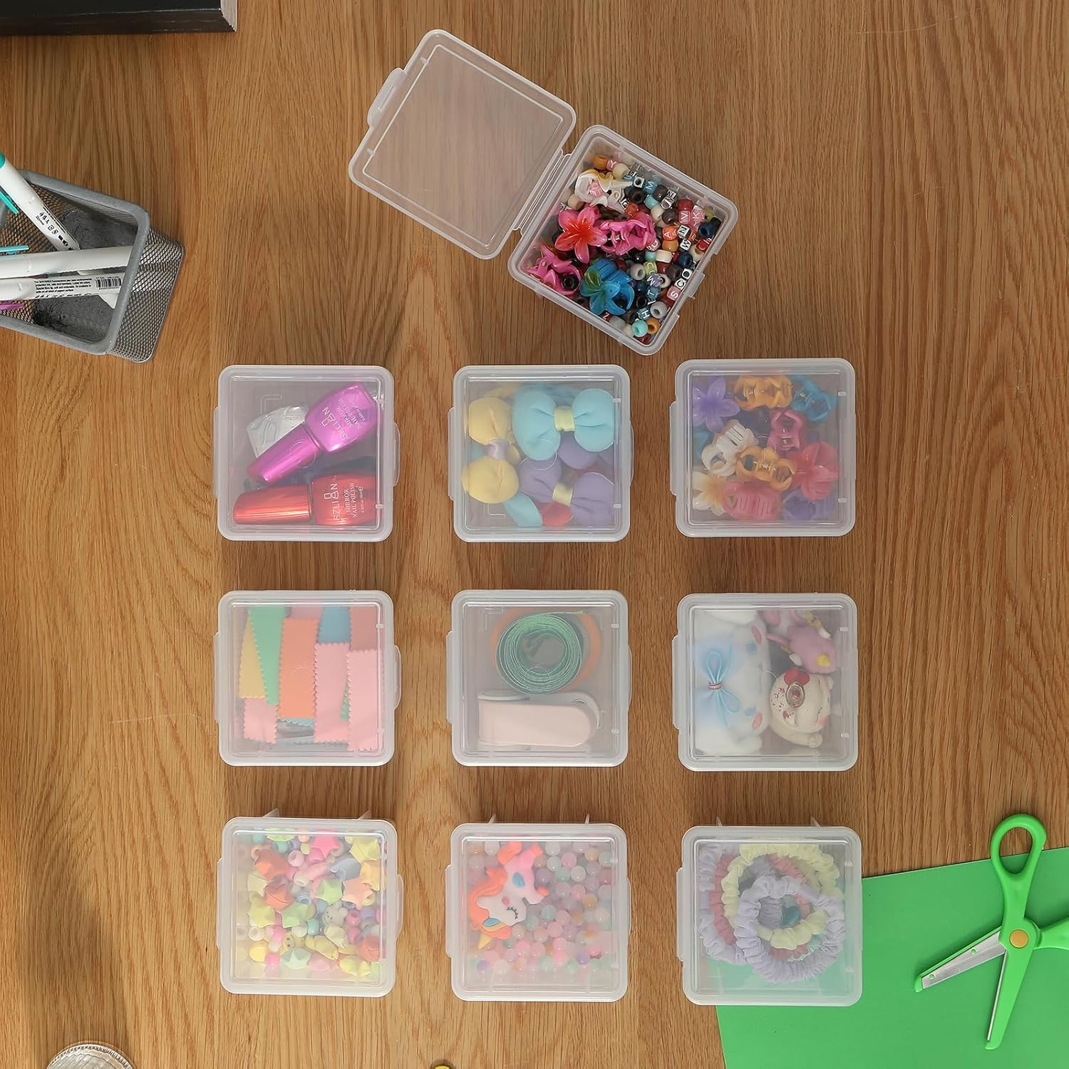 10 Pack Bead Organizer Box, Small Clear Plastic Containers with Lids – Craft Storage for Beads, Crayons, Stickers & Findings – Stackable Classroom Bins with Snap Lid – Clear Square Small