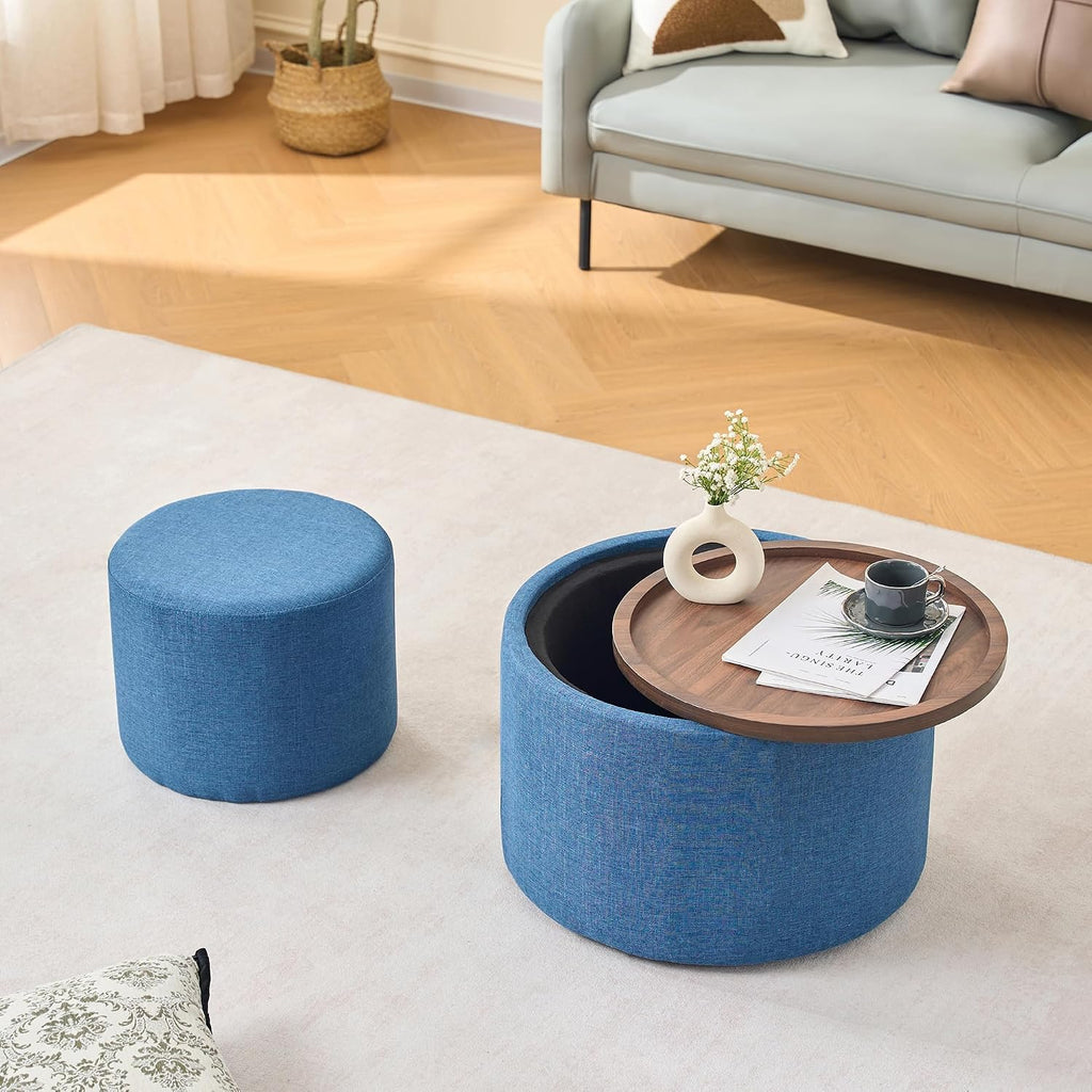 2-Piece Ball & Cast Nesting Storage Ottomans with Wooden Tray, Round Linen Upholstered Ottoman Bench and Coffee Table Set, 22.75 Inch Multi-Functional Footstool for Living Room (Blue)