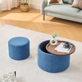 2-Piece Ball & Cast Nesting Storage Ottomans with Wooden Tray, Round Linen Upholstered Ottoman Bench and Coffee Table Set, 22.75 Inch Multi-Functional Footstool for Living Room (Blue)