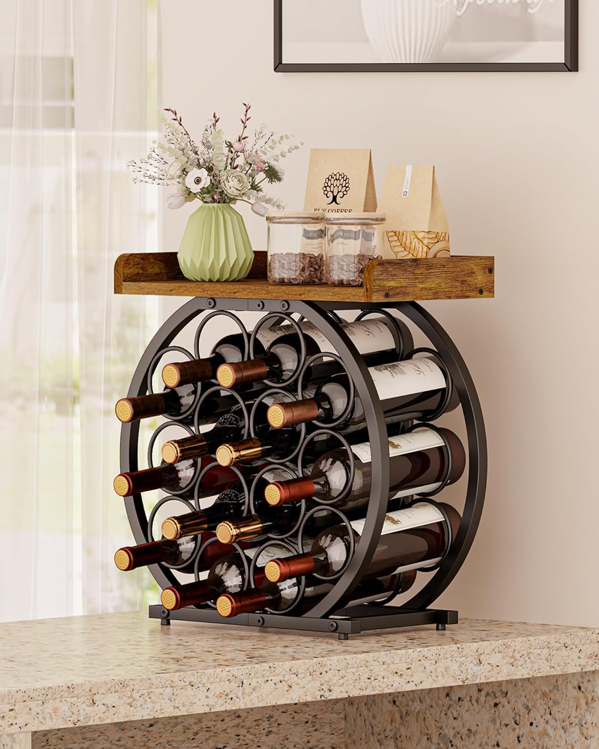 X-cosrack 14-Bottle Countertop Wine Rack with Wooden Tabletop, Freestanding Round Metal Wine Bottle Organizer and Display Stand for Kitchen, Pantry, Home Bar and Cabinet