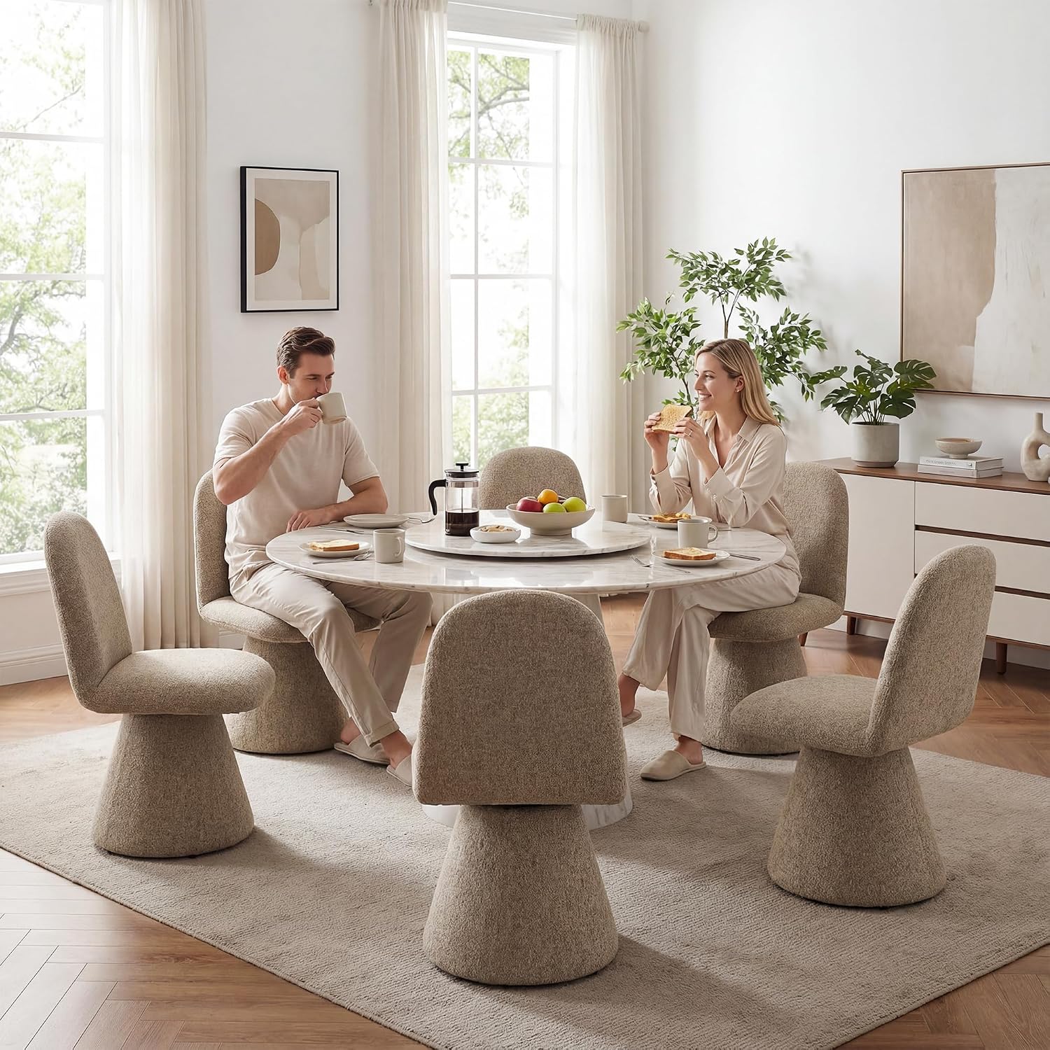 DUOMAY 360° Swivel Dining Chairs Set of 4, Mid Century Modern High Back Linen Upholstered Dining Room Chairs Kitchen Chairs, Armless Chair for Living Room Bedroom Reading, Khaki