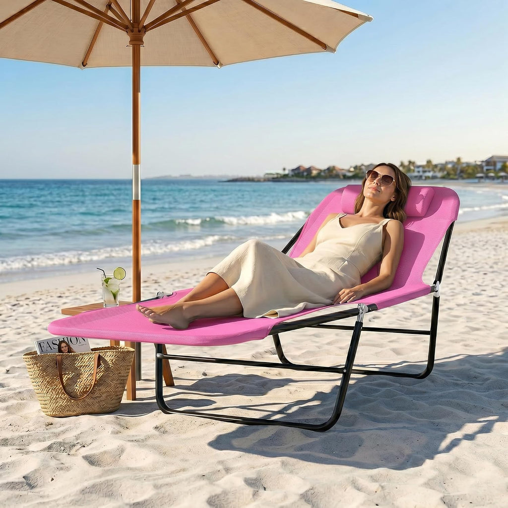 Outsunny Folding Chaise Lounge Chair, Pool Sun Tanning Chair, Outdoor Lounge Chair with Reclining Back, Breathable Mesh Seat, Headrest for Beach, Yard, Patio, Pink