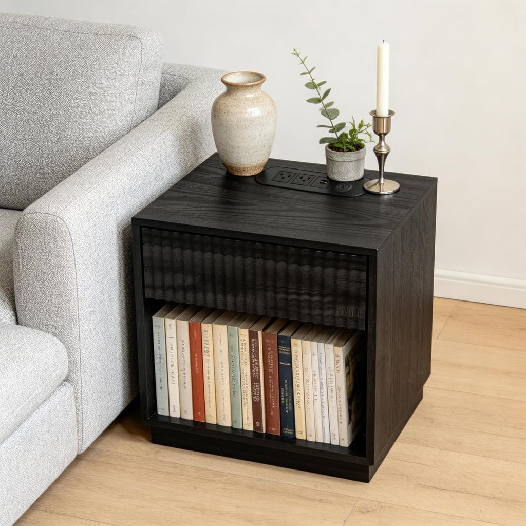 Night Stand with Charging Station, 23 Inch Tall Fluted Modern Bedside Table with Large Drawer & Storage Space, Wide End Table for Bedroom Sofa Office, Easy Assembly, Black, 1 Pack