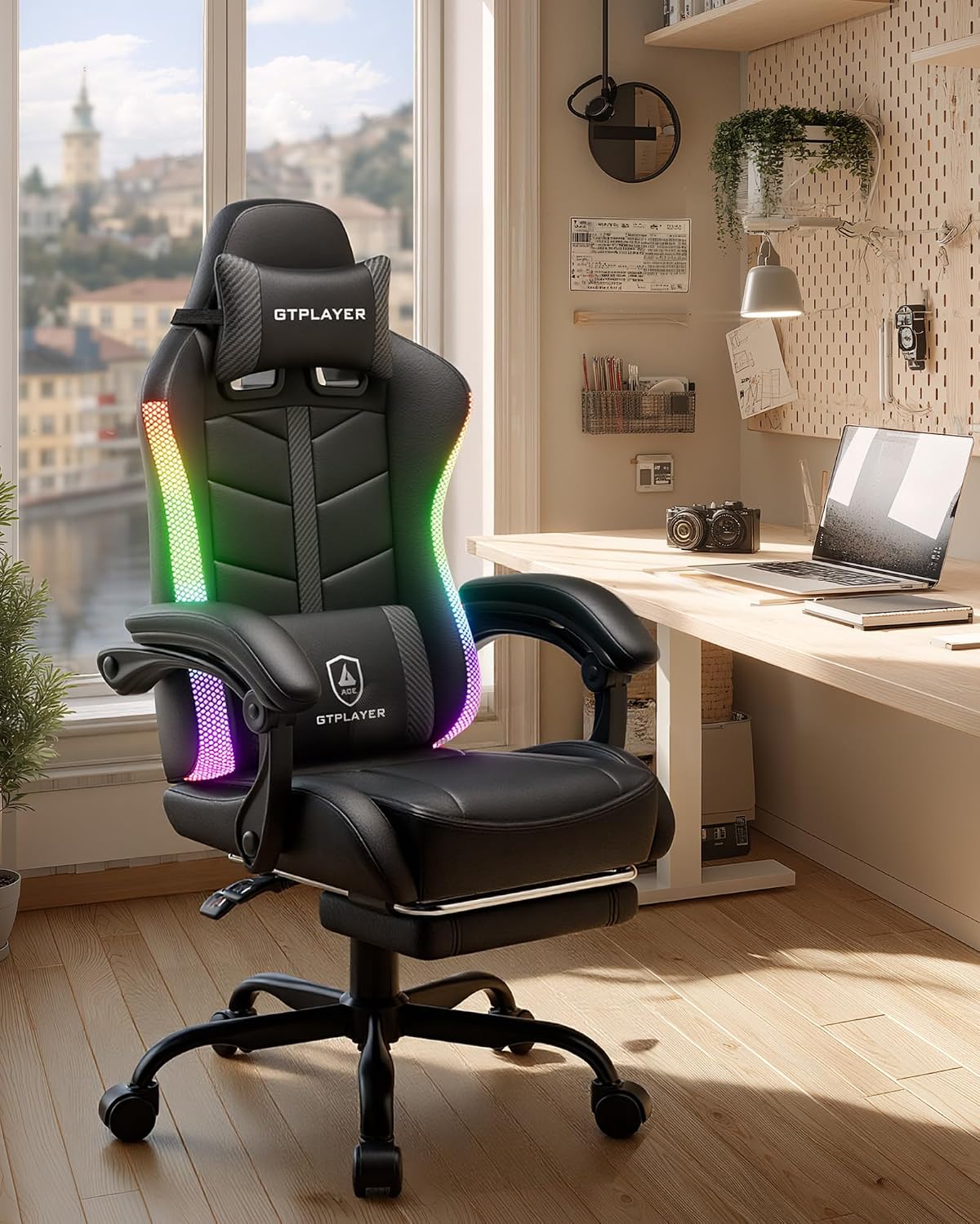 GTPLAYER Gaming Chair, Ergonomic Computer Office Chairs for Adults with Footrest, Height Adjustable, Linkage Armrests, 90-155° Recline & Headrest Lumbar Support, RGB Black