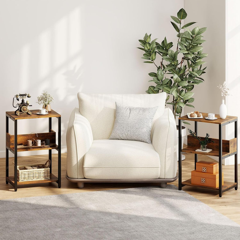 Giantex Side Table with Charging Station - Industrial 3-Tier Bedside Table w/Open Storage Shelves, Sofa End Tables Night Stands for Small Spaces Living Room Bedroom Home Office, Rustic Brown (1)