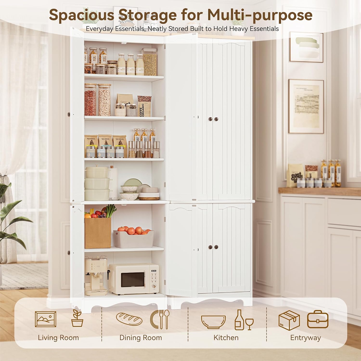 72'' Tall Kitchen Pantry Cabinet, Kitchen Storage Cabinets with 4 Doors and 5 Shelves, Wooden Food Pantry Farmhouse Cupboard Buffet for Dining Living Room, White