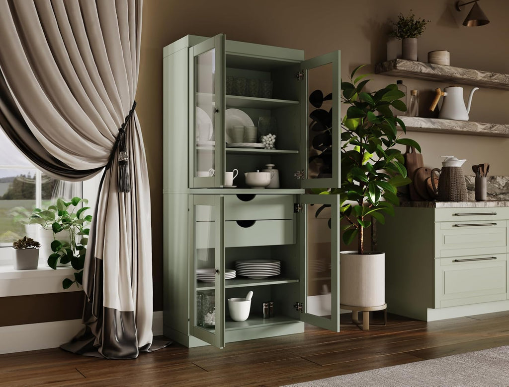 Palace Imports 100% Solid Wood 32"" Pantry Cabinet with Clear Glass Doors, 2-Drawers & Adjustable Shelves