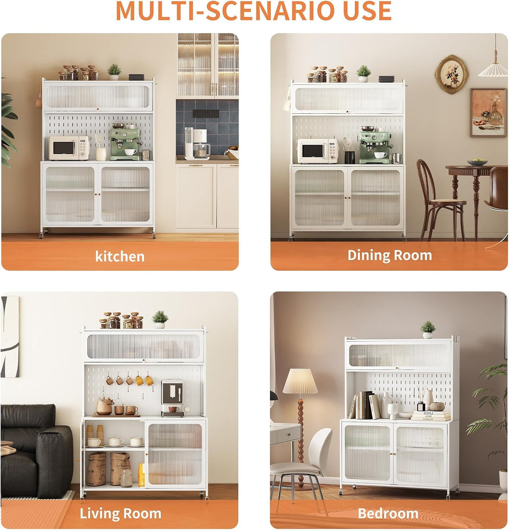 Rolling Kitchen Pantry Cabinet with 2 Glass Doors & Adjustable Shelves, Freestanding Metal Storage Credenza Organizer Utility Cupboard for Pantry, Kitchen, Bathroom,White