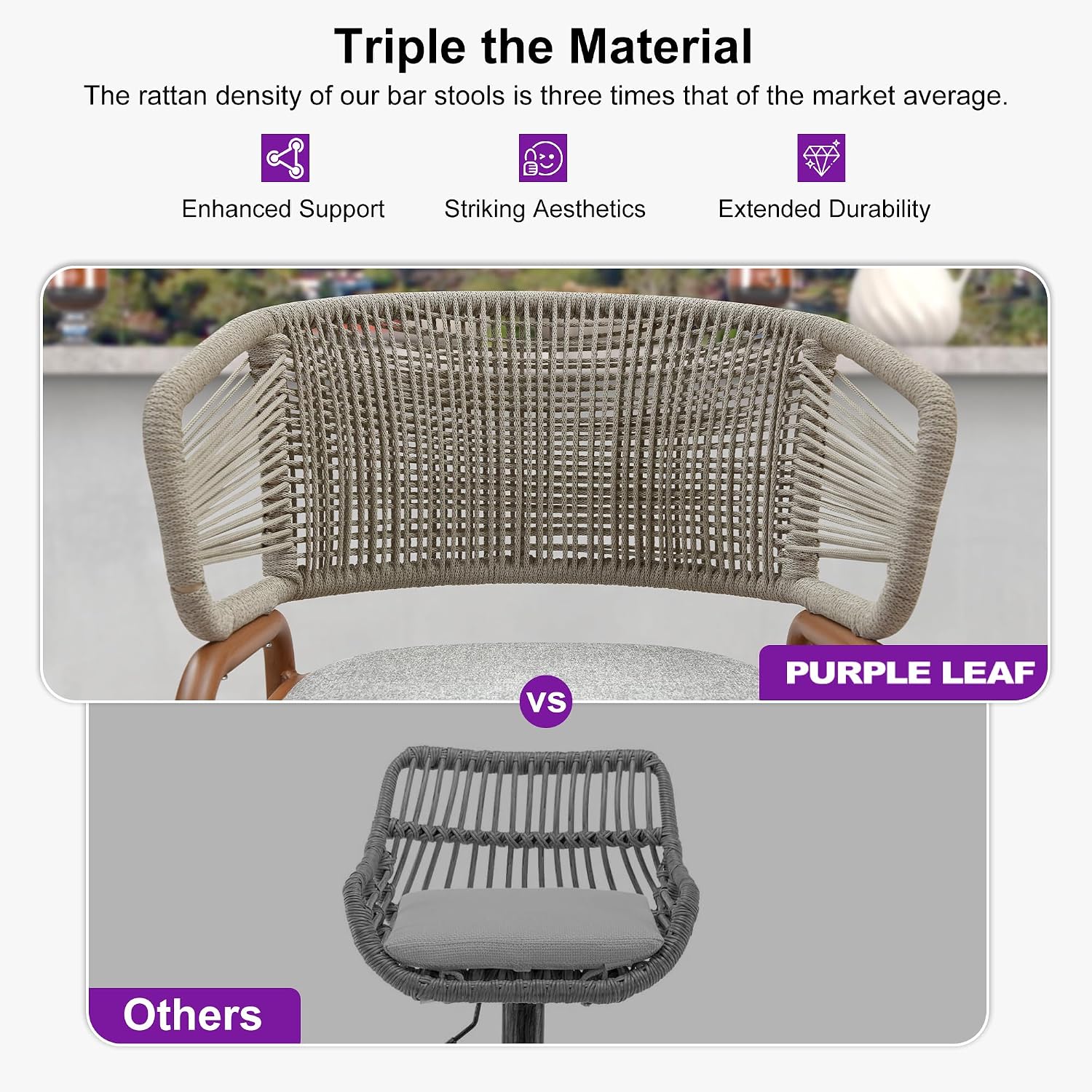 PURPLE LEAF Outdoor 30 Inch Rattan Bar Height Stools Set of 2 Modern Patio Metal Wicker Barstools Aluminum Woven Bar Chairs with Wraparound Armrest Back for Kitchen Garden Indoor Teak