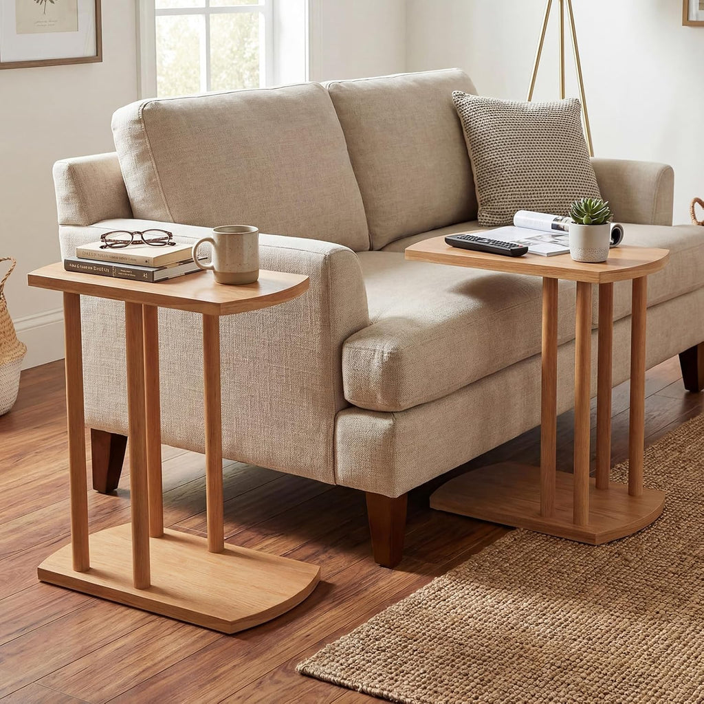 Giantex C-Shaped Teak Wood Side Table, Set of 2 Narrow 2-Tier Couch Tables that Slide Under w/Thickened Top & Sturdy Base, Wooden Sofa End TV Tray Bedside Table for Small Spaces Living Room Bedroom