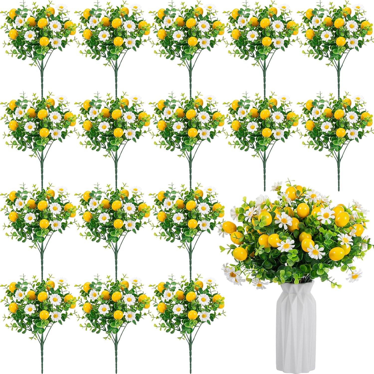 16 Pcs Artificial Lemon Branches Decor Centerpieces for Tables Fake Fruit Lemon Bouquet Summer Yellow Faux Flower Farmhouse Outdoor Decor for Kitchen Home Bathroom Wedding Party