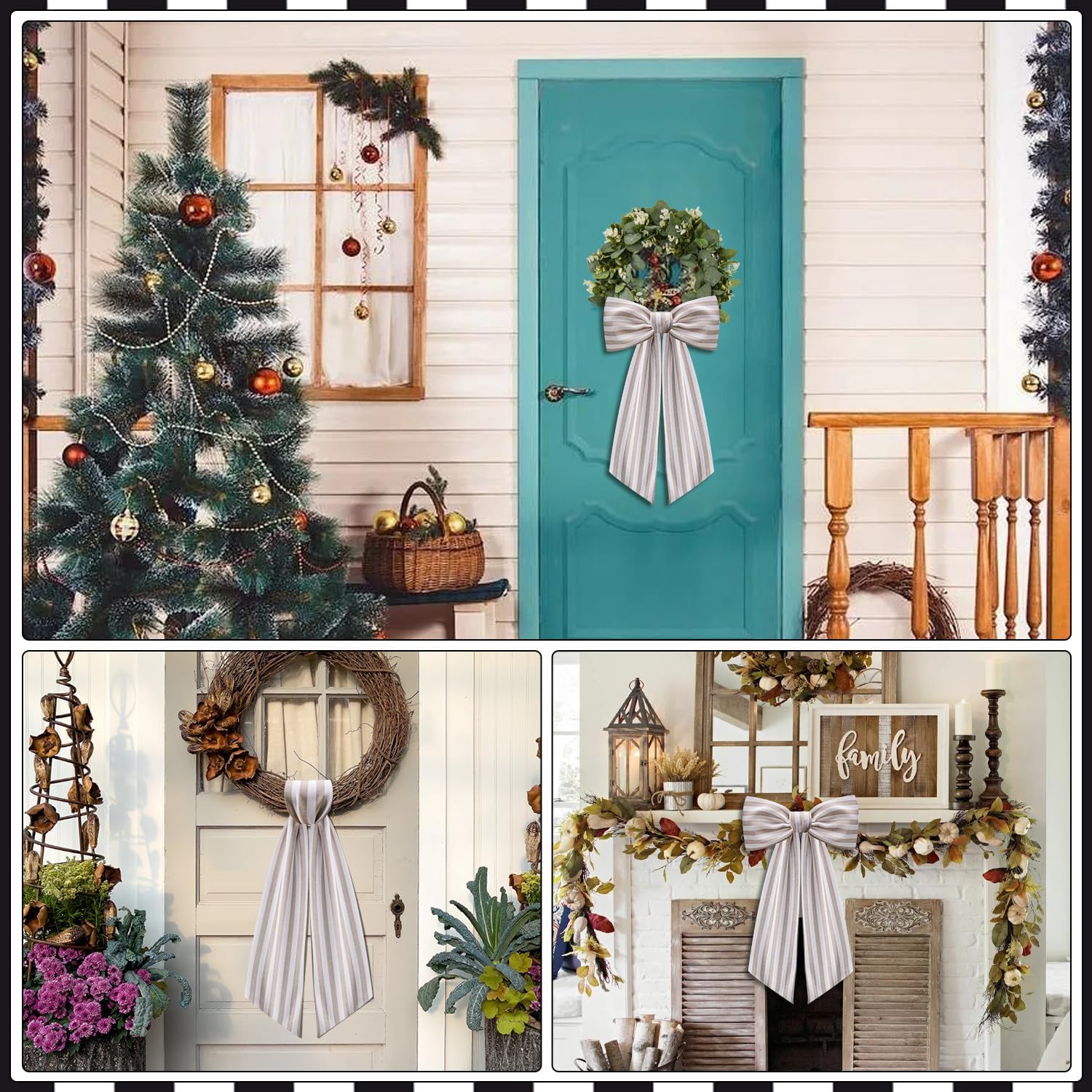 2 Pack Wreath Sash for Front Door Stripe Boxwood Sash Garland Porch Decor Wreath Accessories (Beige and White Stripe)