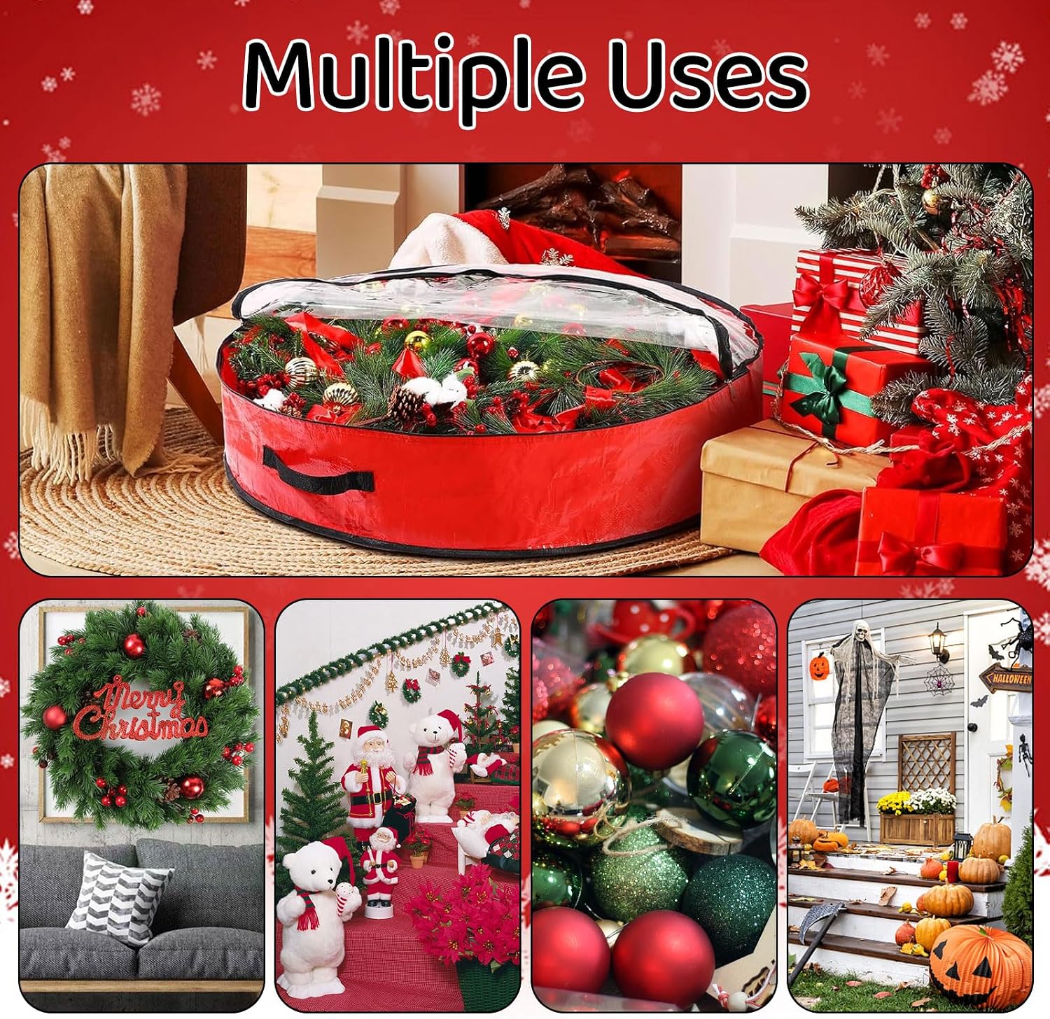 Pwsap 2 Pack Christmas Wreath Storage Container - 30 Inch, Garland Storage, Christmas Large Wreath Storage Container Cover, Durable Tarp Material, Dual Zipper Storage Bag for Xmas Holiday, Red
