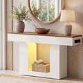 Homieasy Console Table, 47" Entryway Table with LED Lights & Charging Station, Farmhouse Wooden Sofa Table Behind Couch, Narrow Hallway Table for Living Room, Foyer, Entry, Antique White & Brown