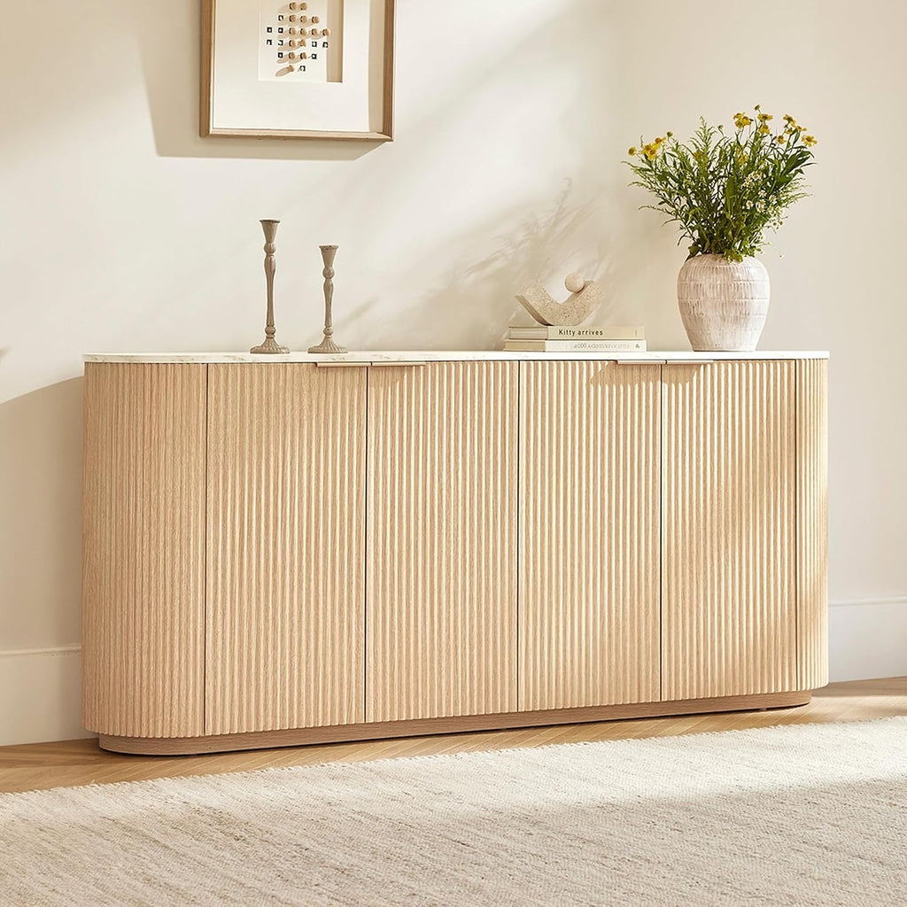 CHITA 70" Sideboard Buffet Cabinet with Storage, Fluted Accent Cabinet with Adjustable Shelves, Media Console for Living Room, 32" H, Oak - Faux Marble