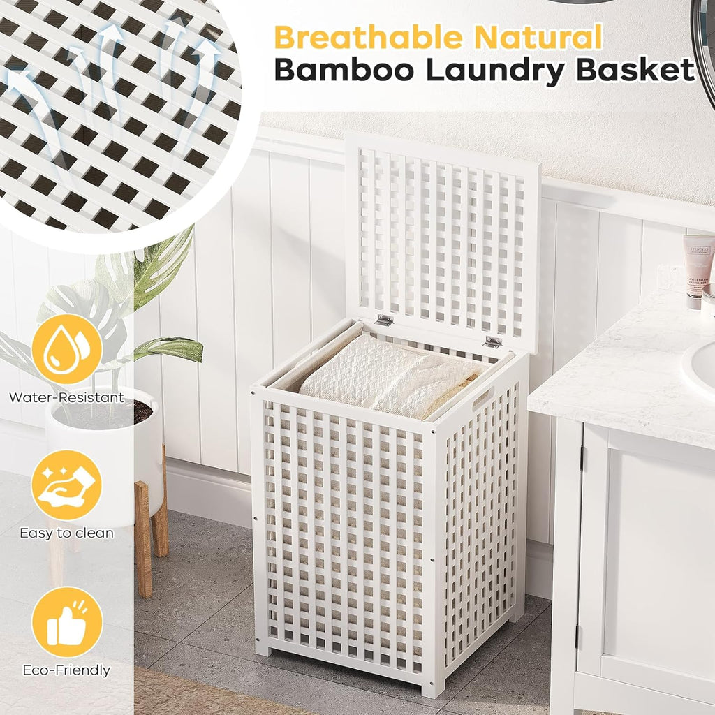 oakvivo Bamboo Laundry Hamper, 17.7" x 17.7" x 25.6" Bathroom Waterproof Wood Laundry Basket with Lid and Handles, Laundry Sorter with Removable Washing Bag, Laundry Bin Organizer for Bedroom(White)