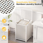 oakvivo Bamboo Laundry Hamper, 17.7" x 17.7" x 25.6" Bathroom Waterproof Wood Laundry Basket with Lid and Handles, Laundry Sorter with Removable Washing Bag, Laundry Bin Organizer for Bedroom(White)