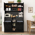 71" Tall 47"Wide Kitchen Pantry Storage Cabinet with Power Outlets,Farmhouse Kitchen Double Tilt Out Trash Cabinet 10X2 Gallon Garbage Holder with Two Drawers,Freestand Laundry Sort Cabinets(Black)