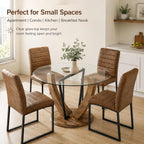 5-Piece Round Glass Dining Table Set for 4, 48” Modern Dining Room Table with Wood Grain Base, Brown Suede Upholstered Chairs with Black Metal Legs for Kitchen, Apartment, Breakfast Nook