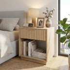 holzart Set of 2 Fluted Wood Nightstands with Hidden Compartment, Modern Oak End Tables with Wavy Drawer and Open Shelf, Boho Bedside Tables for Bedroom, Light Wood