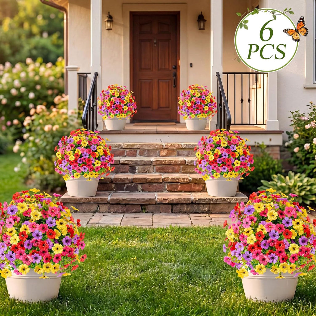 6 Pcs 20" Artificial Topiary Ball Flowers for Outdoors Planters Spring Decoration with Spike UV Resistant Faux Boxwood Summer Plants Fake Bushes Indoor Decor for Front Porch Garden Patio
