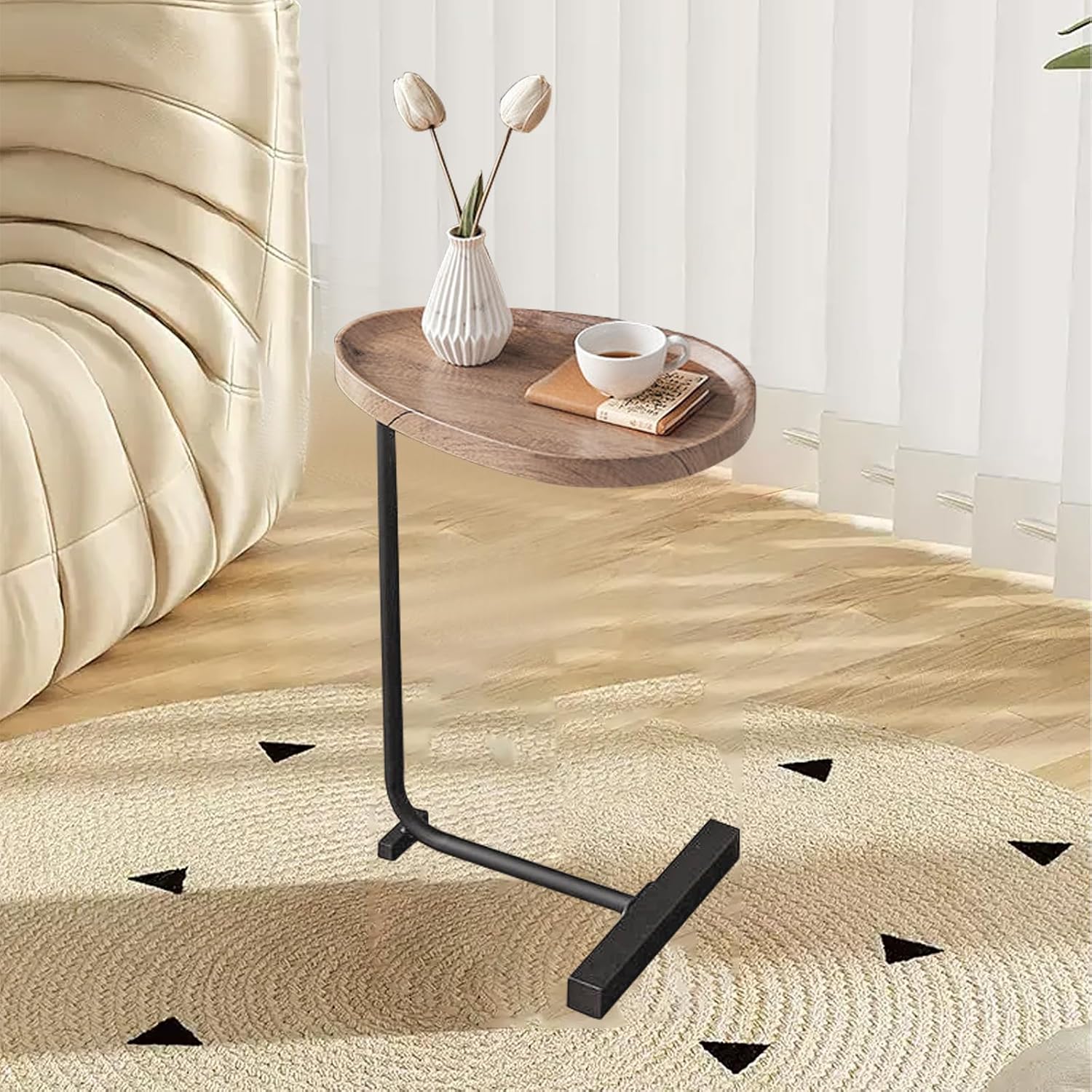 LUCKYERMORE C Shaped End Table,Sofa Side Table with Metal Base,Large Circular Tray Wood Top,Easy Install Heavy Duty Side Table,TV Tray for Couch Sofa,17.7 * 11.8 * 24.4inches