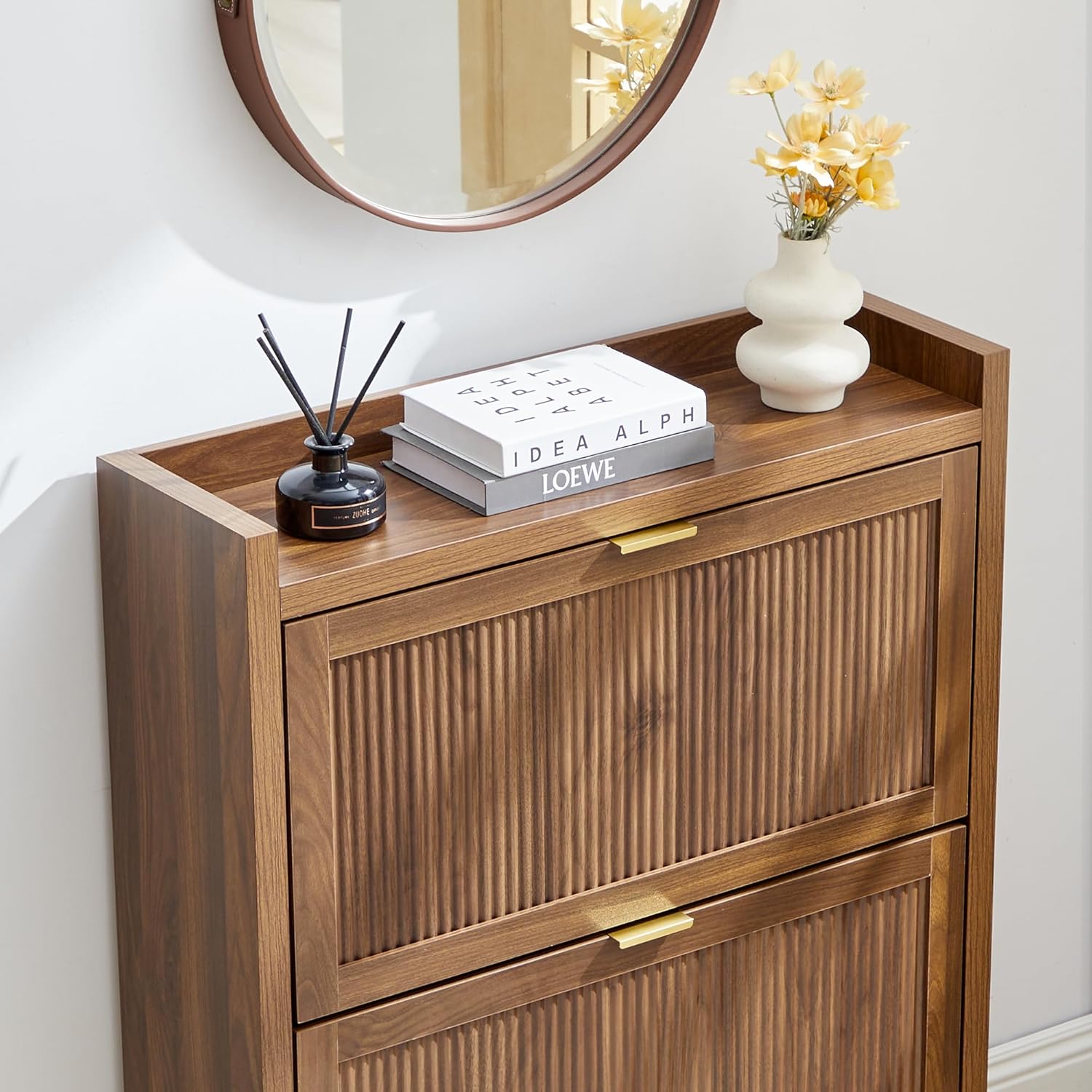 Fluted Shoe Storage Cabinet with 2 Flip Door for Entryway, Modern Freestanding Narrow Wood Shoe Rack Cabinet for Foyer, Front Door, Hallway