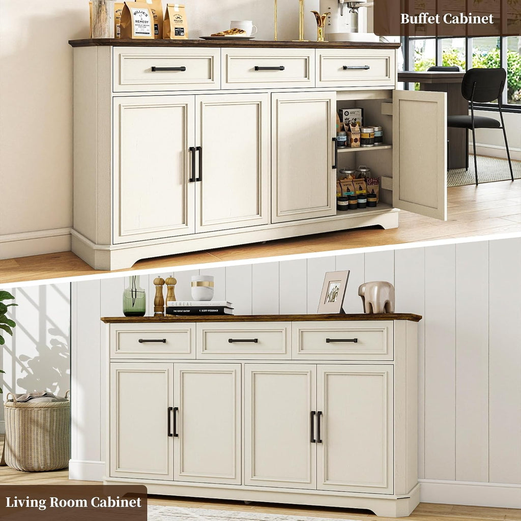 64 Inch Farmhouse Buffet Cabinet, Large Sideboard & Buffet with 4 Doors and 3 Drawers, Modern Credenza with Storage for Dining Room, Living Room, Kitchen, Antique White