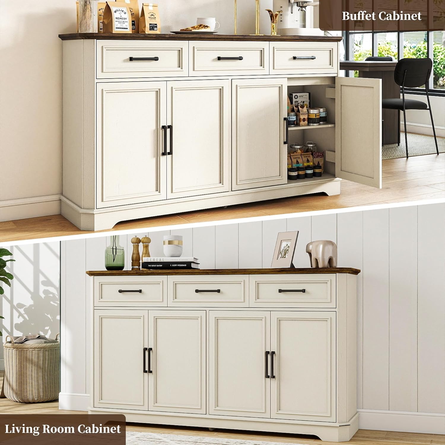 64 Inch Farmhouse Buffet Cabinet, Large Sideboard & Buffet with 4 Doors and 3 Drawers, Modern Credenza with Storage for Dining Room, Living Room, Kitchen, Antique White