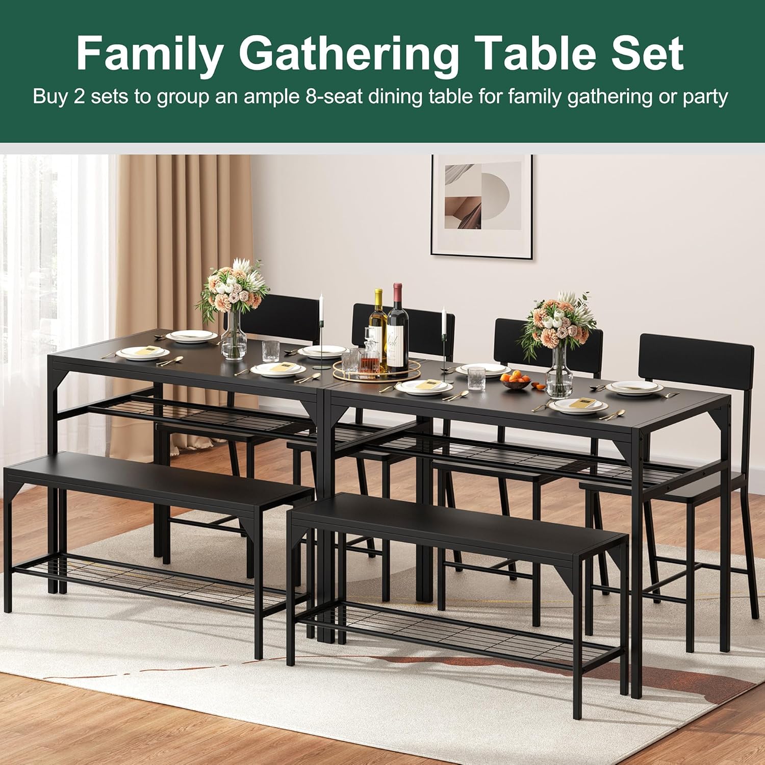 Shintenchi Kitchen Table Chairs Set of 4, Dining Table Set for 4 with Bench and Chairs, 4 Pieces Kitchen Table Set with Storage Rack & Metal Frame for Small Space, Solid Black