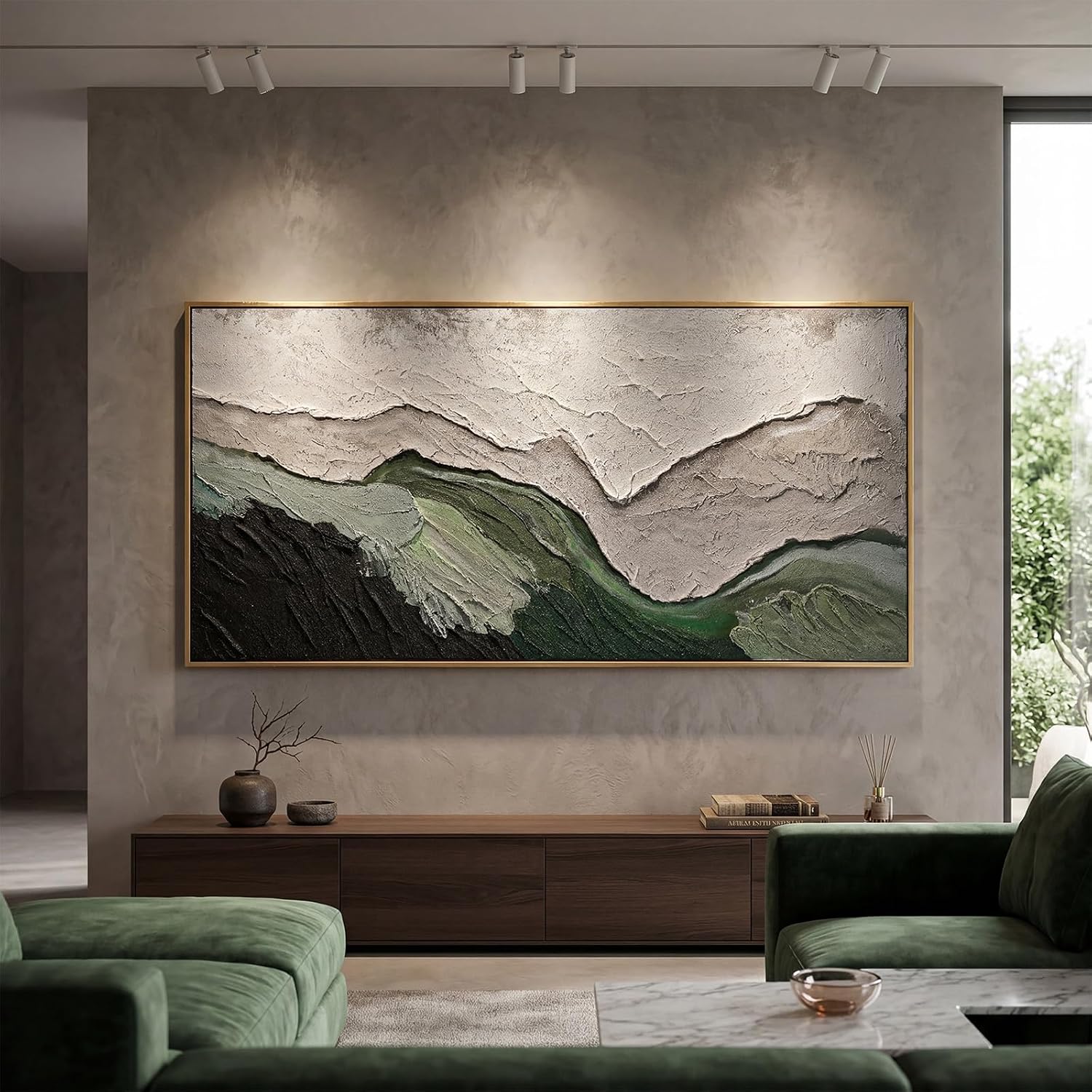 Sintuff 28 x 55 Inch 3D Textured Large Framed Art Prints, Abstract Hand-painted Sage Green Beige Beach Ocean Waves Oil Painting, Minimalist Artwork Wall Decor for Living Room Bedroom