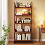 5 Tier Ladder Shelf, Leaning Bookshelf with Wood Frame, 5 Shelf Tall Bookcase Standing Storage Organizer Solid Wood Storage Shelves for Living Room, Bedroom, Home Office (Walnut)