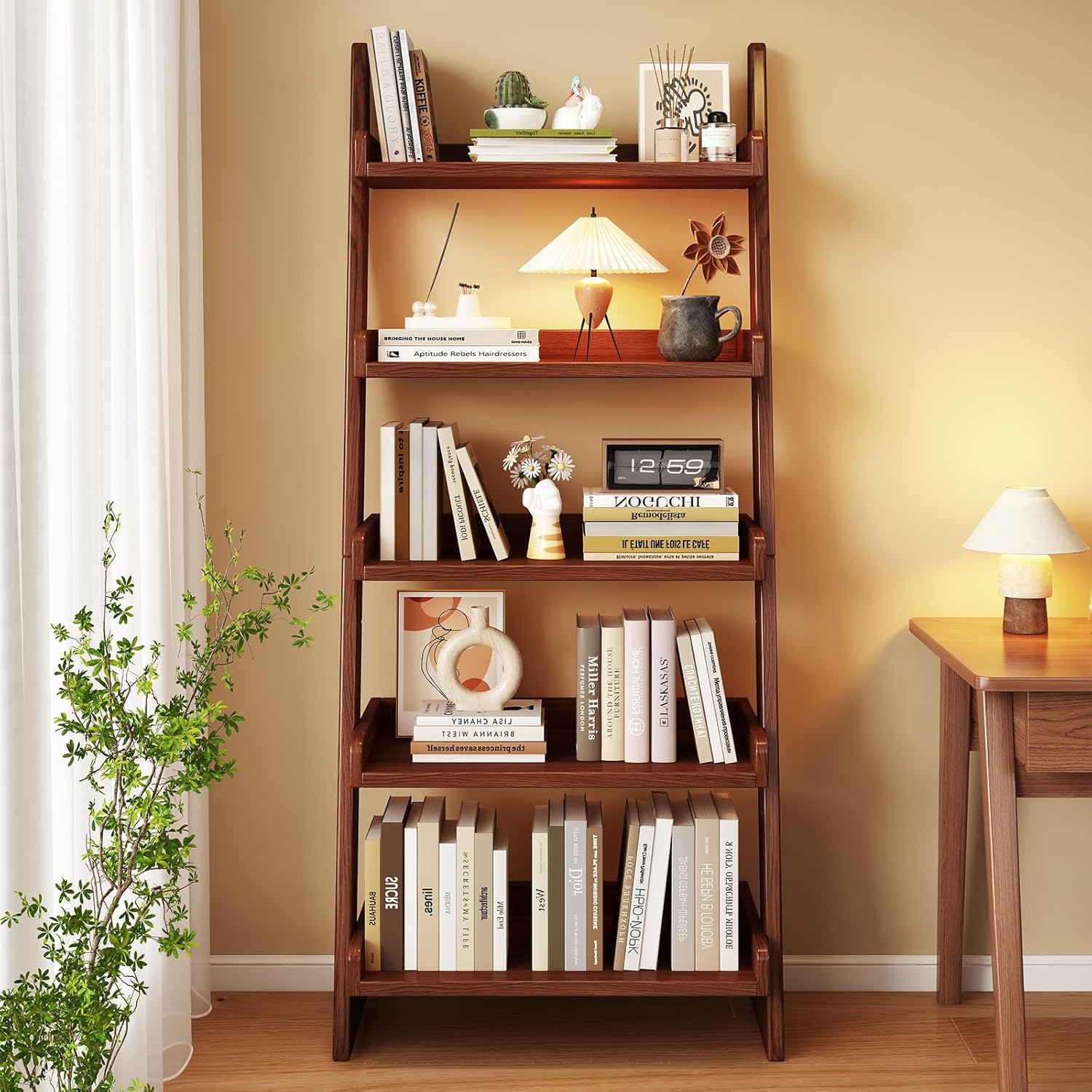 5 Tier Ladder Shelf, Leaning Bookshelf with Wood Frame, 5 Shelf Tall Bookcase Standing Storage Organizer Solid Wood Storage Shelves for Living Room, Bedroom, Home Office (Walnut)