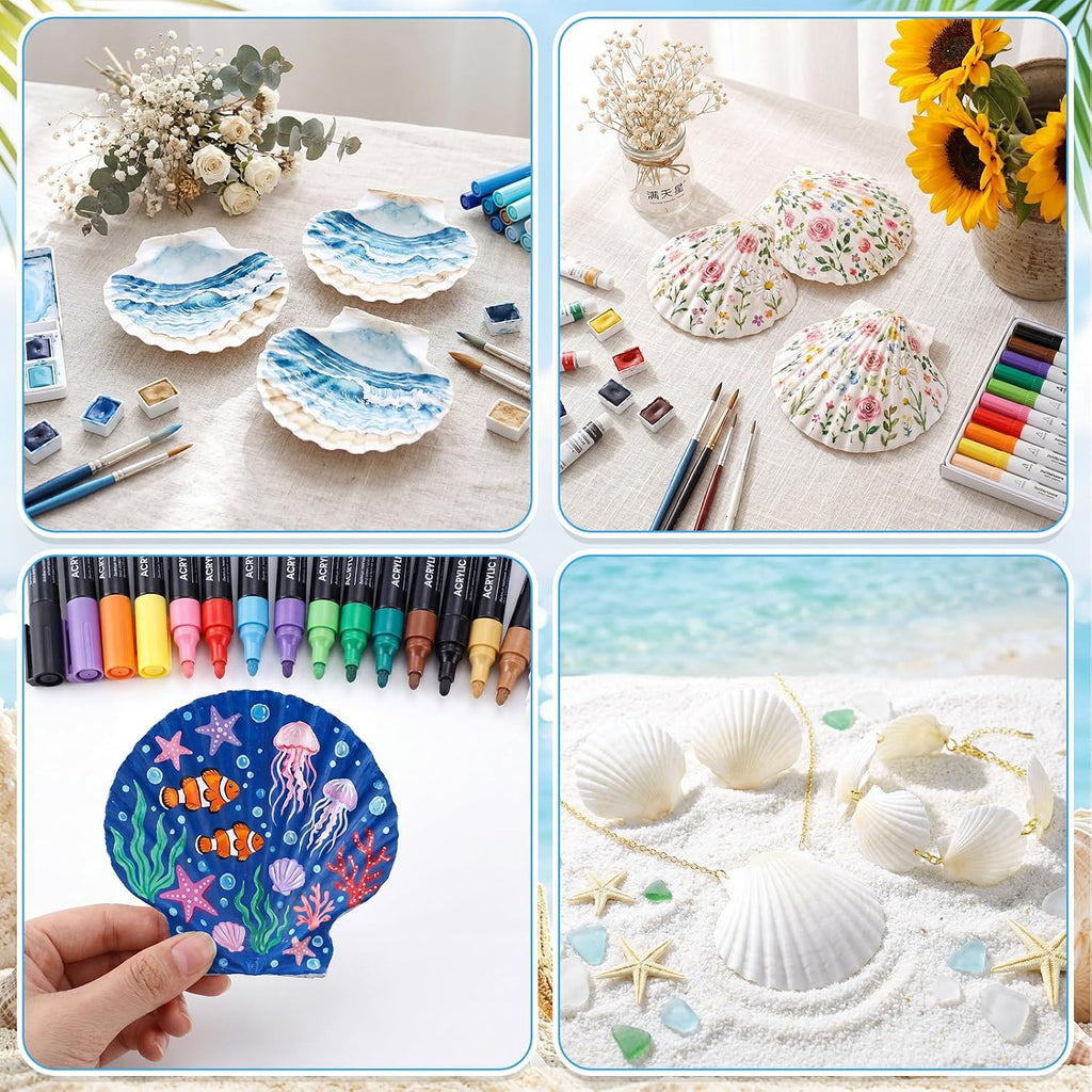 Junkin 40 Pack Natural Scallop Shells and Artificial Starfish for Crafts Sea Shells Decoration 20 Pcs 2.8"-4.3" Seashells & 20 Pcs 2.1" Starfish for DIY Painting Home Wedding Decor(Solid,White)