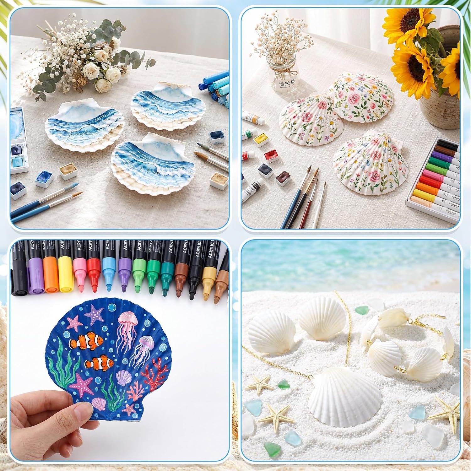 Junkin 40 Pack Natural Scallop Shells and Artificial Starfish for Crafts Sea Shells Decoration 20 Pcs 2.8"-4.3" Seashells & 20 Pcs 2.1" Starfish for DIY Painting Home Wedding Decor(Solid,White)