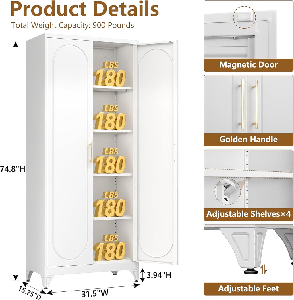 Polup Metal Storage Cabinet with Doors and Shelves, 75 Inch Tall Kitchen Pantry Cabinet, Pantry Cabinets for Kitchen Storage, Freestanding Cupboard for Living, Dining Room, White, Assembly Required