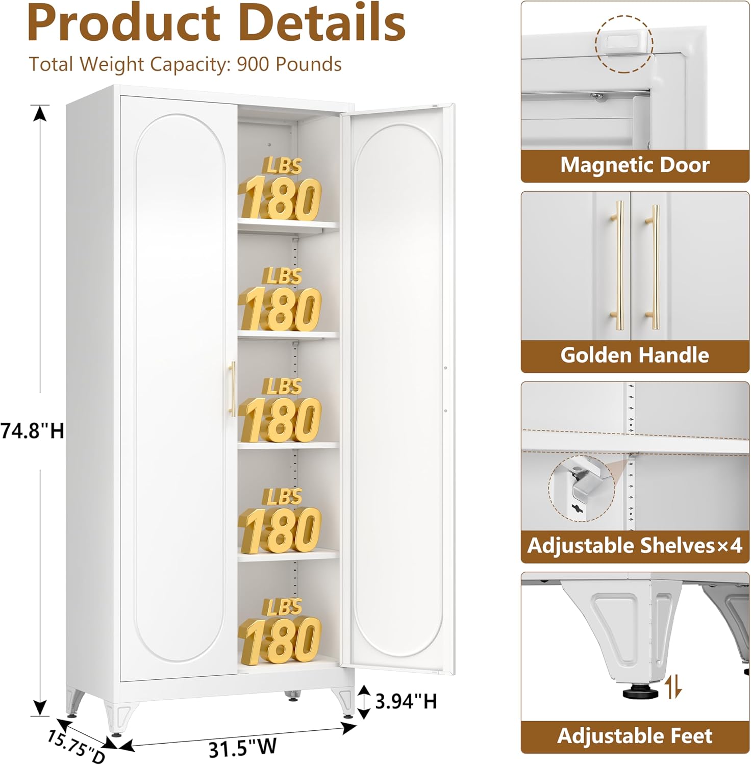 Polup Metal Storage Cabinet with Doors and Shelves, 75 Inch Tall Kitchen Pantry Cabinet, Pantry Cabinets for Kitchen Storage, Freestanding Cupboard for Living, Dining Room, White, Assembly Required