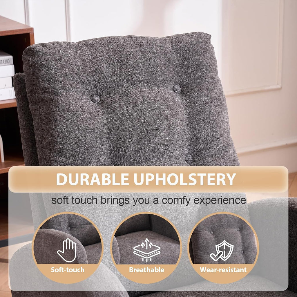 cinkehome Nursery Rocking Chair with Retractable Foot Rest, Glider Rocking Chair with Solid Wood Legs, High Back, Button Decors, Mid Century Rocker Chair, Grey