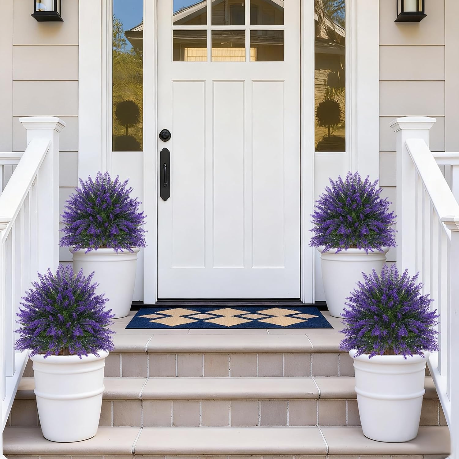 Artificial Lavender Topiary for Outdoors 2 Set of 16'' UV Resistant Evergreen Fake Shrubs Bushes with Ground Spike Topiary Ball Faux Plants for Outdoor Indoor Front Porch Garden