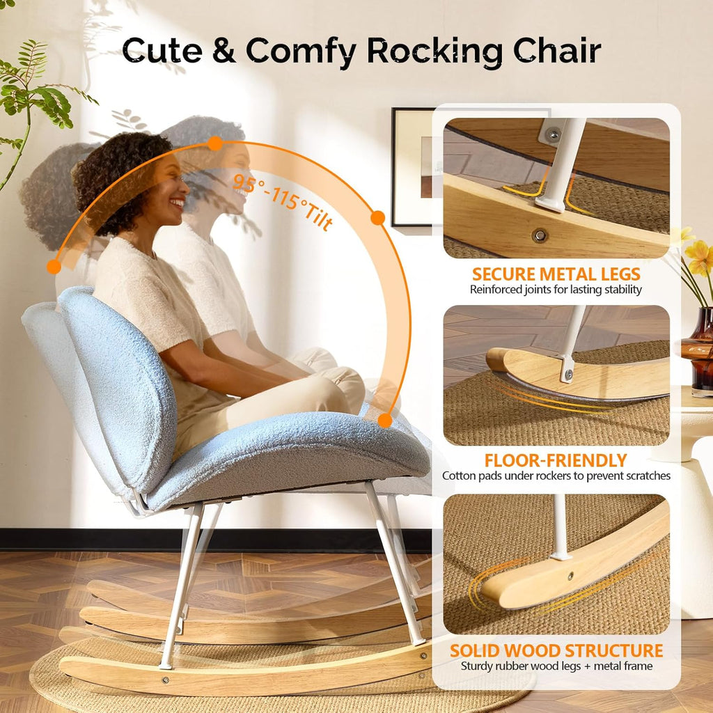VINGLI 25.6" Extra Wide Criss Cross Nursery Rocking Chair,Cute Curved 115° Reclining Armless Glider,Teddy Small Rocker w/Pillow & Solid Wood for Indoor,Bedroom, Living Room,Teddy Fleece,Sky Blue