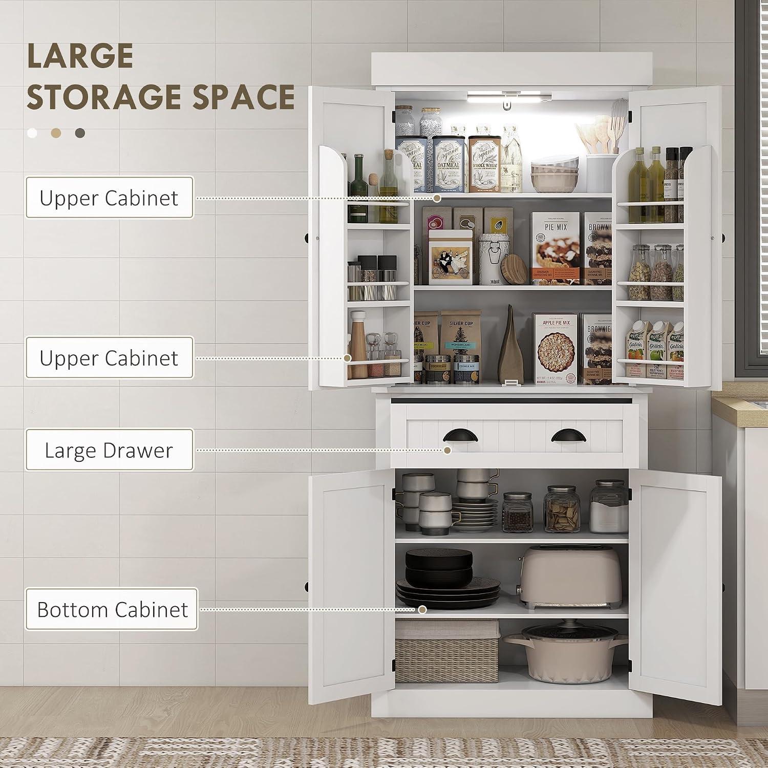 71" Kitchen Pantry Cabinet with Motion Sensor Light, Tall Storage Cabinet with 6 Door Shelves, a Drawer & 4 Adjustable Shelves, for Living Room, Dining Room, White,15.7 * 30.1 * 71.3