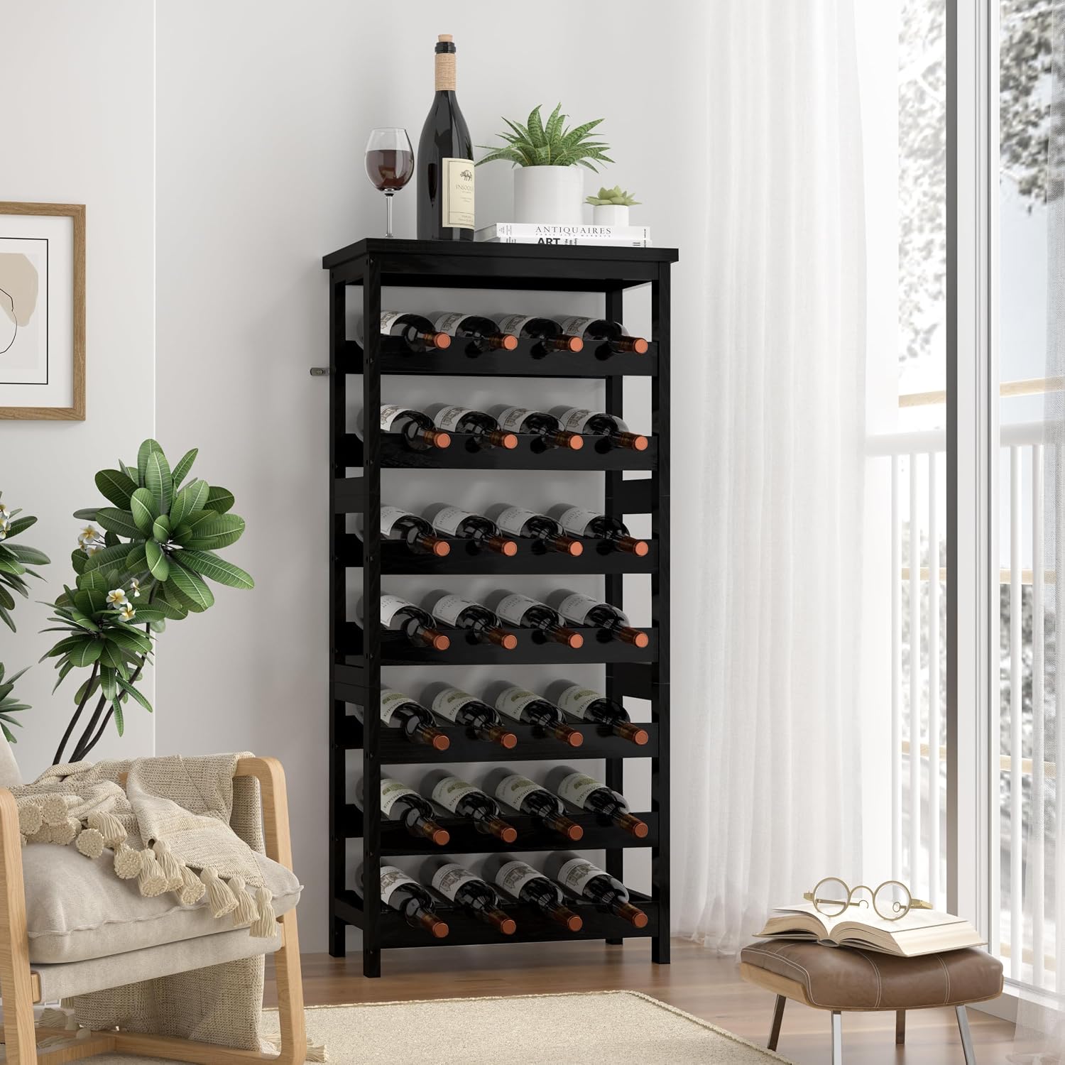 28-Bottle Wine Rack Free Standing Floor, Solid Wood 7-Tier Display Wine Storage Shelves with Tabletop, Wobble-Free Bottle Holder for Cellar Kitchen Bar Dining Room Living Room