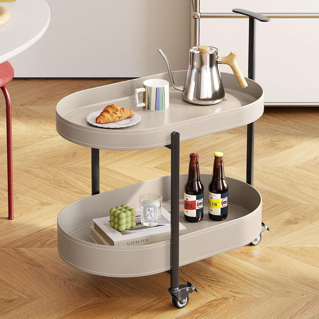 Oval End Table with Storage Shelves, 2-Tier PU Leather Tray Side Table with Wheels, Modern Sofa Table & Nightstand for Bedroom, Living Room, Compact Rolling Tray Table with Lockable Casters