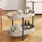 Oval End Table with Storage Shelves, 2-Tier PU Leather Tray Side Table with Wheels, Modern Sofa Table & Nightstand for Bedroom, Living Room, Compact Rolling Tray Table with Lockable Casters