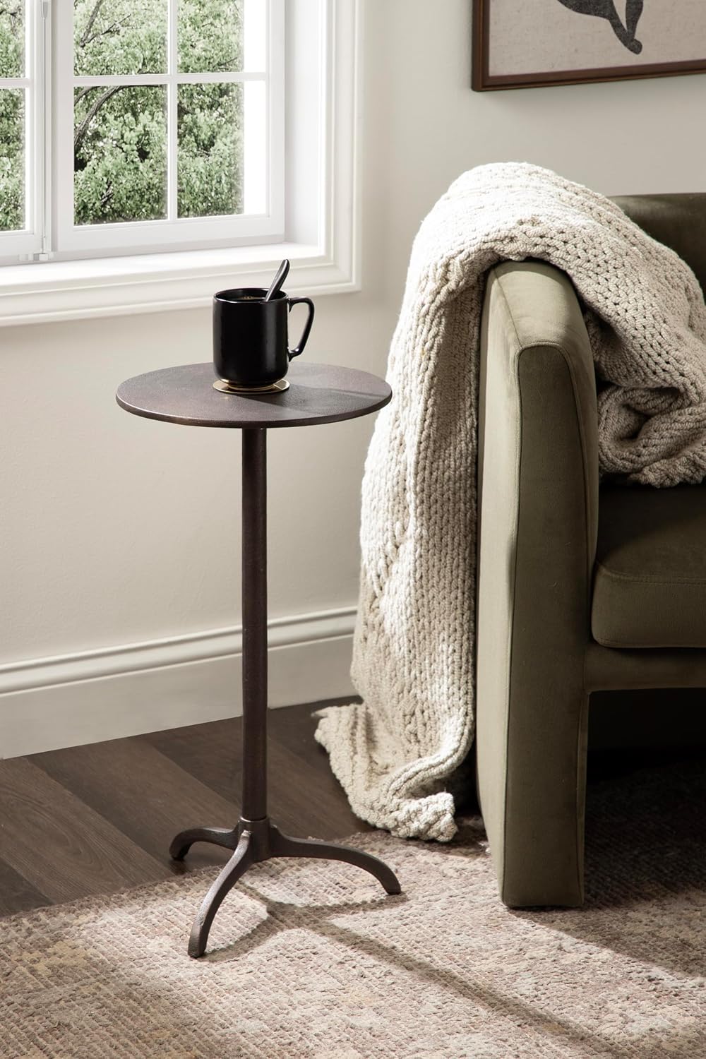Kate and Laurel Henshall Mid-Century Metal Round Side Table, 12 x 12 x 24, Bronze, Sand Cast Aluminum Sculptural Indoor Plant Stand with Tripod Base for Use as End Table or Bedroom Nightstand