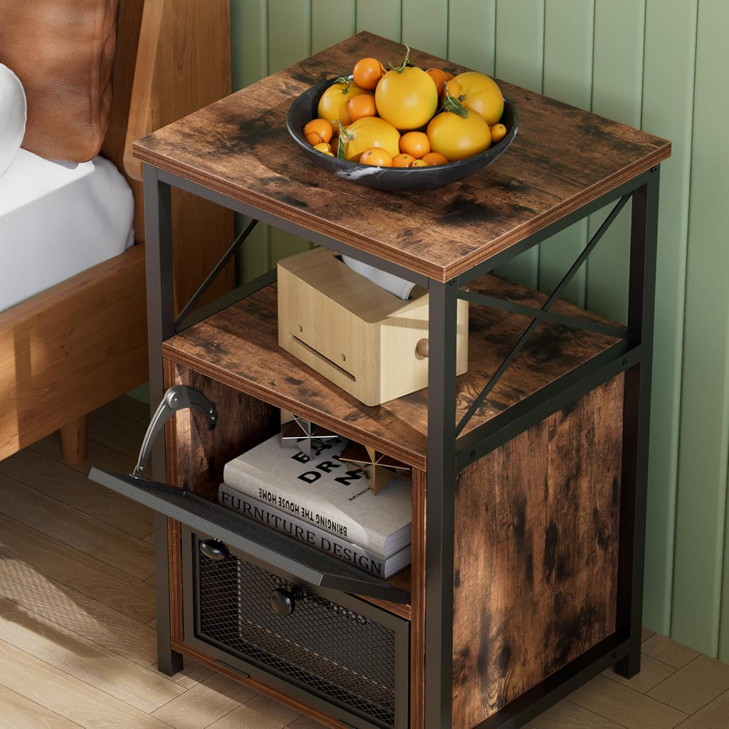 VECELO End Side Table, Modern Night Stand with Storage Space and Door, Set of 2 Nightstands for Living Room,Bedroom,Lounge, Rustic Brown