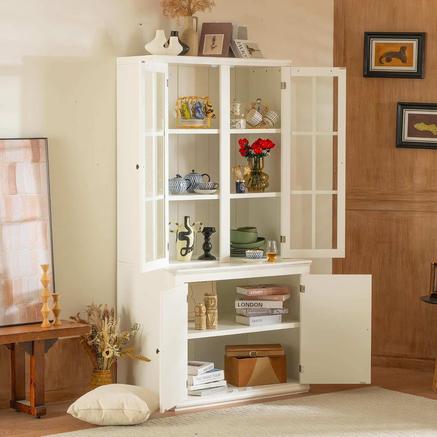 Virubi 75'' Tall China Hutch Cabinet with Glass Doors, Kitchen Pantry Storage with Adjustable Shelves, Coffee Bar Hutch for Kitchen Living Room Bar, White