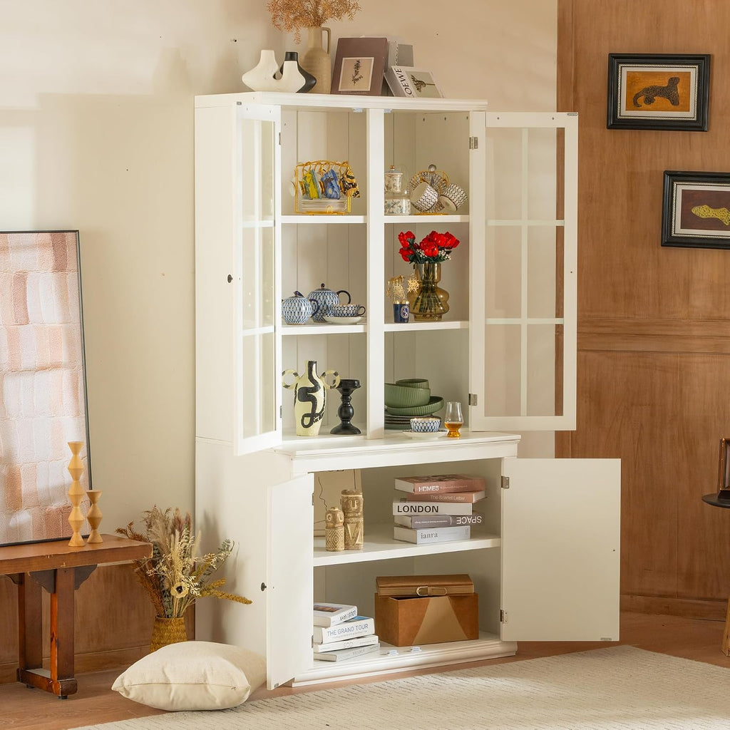 Virubi 75'' Tall China Hutch Cabinet with Glass Doors, Kitchen Pantry Storage with Adjustable Shelves, Coffee Bar Hutch for Kitchen Living Room Bar, White