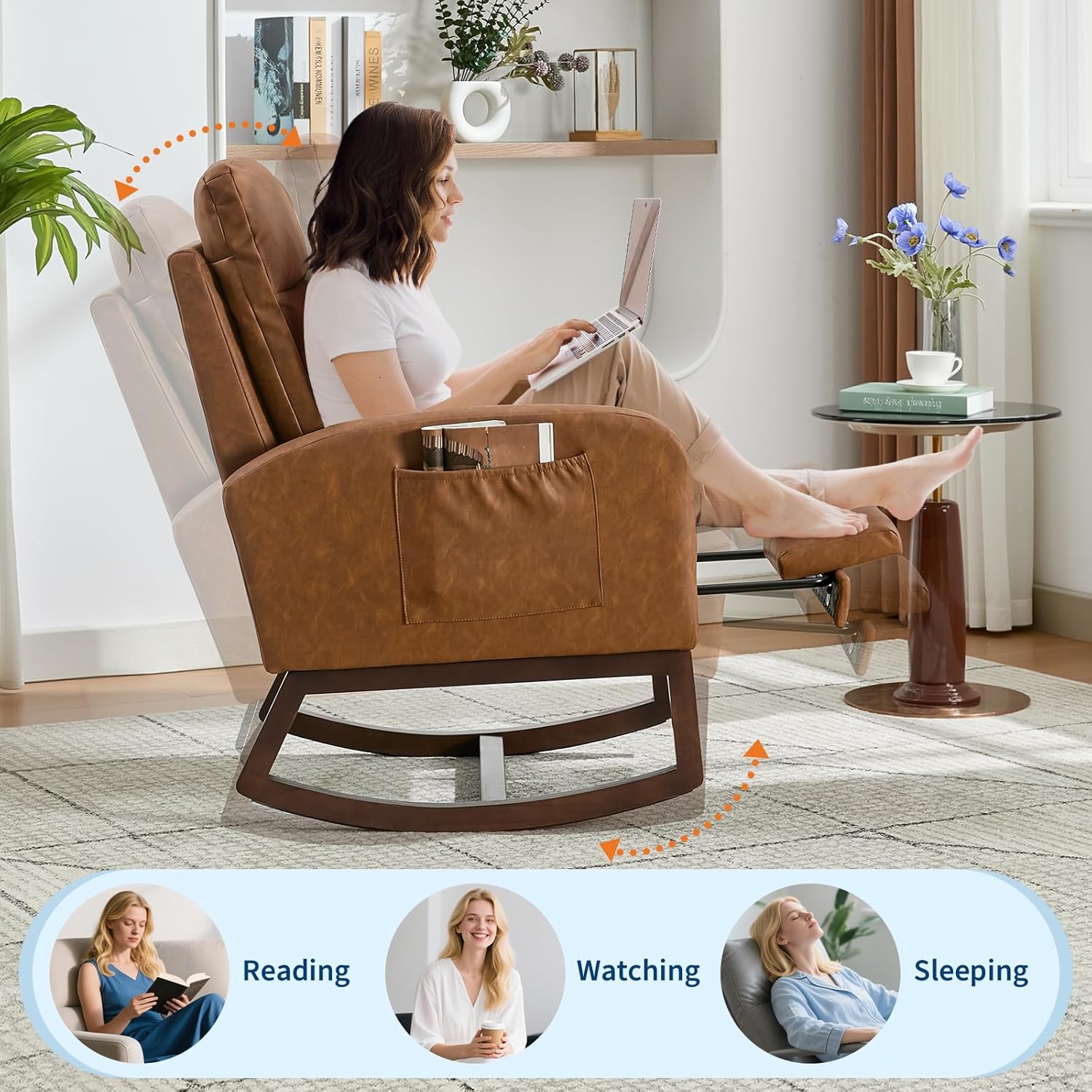 GarveeLife Nursery Rocking Chair,300lb Glider Chair with Solid Wood Legs/Two Side Pockets,PU Upholstered Glider Rocker with Footrest High Backrest for Living Room/Bedroom/Nursery